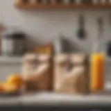 A stylish Putwo lunch bag placed on a kitchen counter, showcasing its aesthetic appeal.