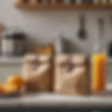 A stylish Putwo lunch bag placed on a kitchen counter, showcasing its aesthetic appeal.