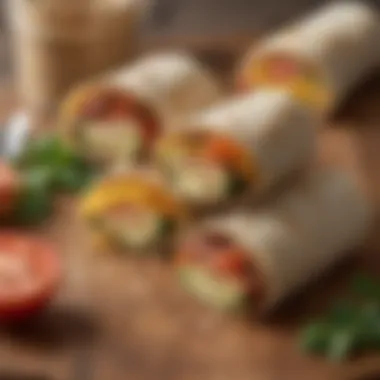 An assortment of ready-to-eat breakfast wraps filled with veggies