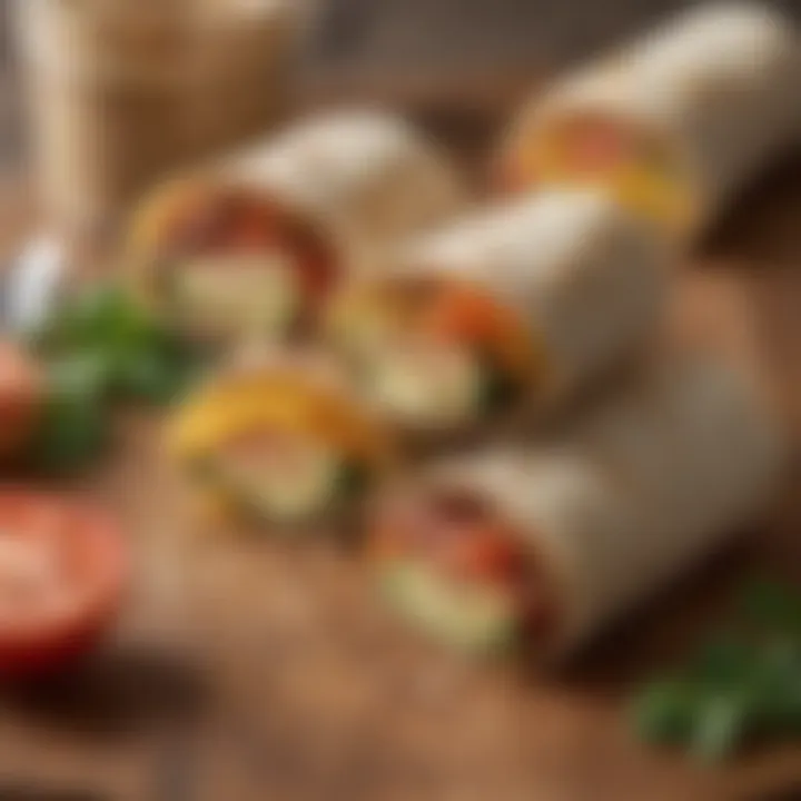 An assortment of ready-to-eat breakfast wraps filled with veggies