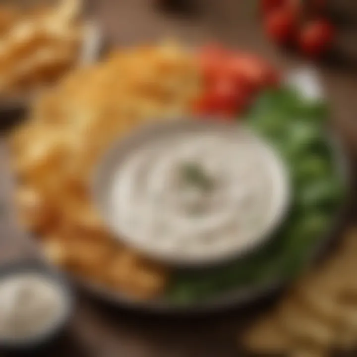 A small bowl of creamy dip surrounded by an assortment of crunchy vegetables and chips, ready to enjoy.