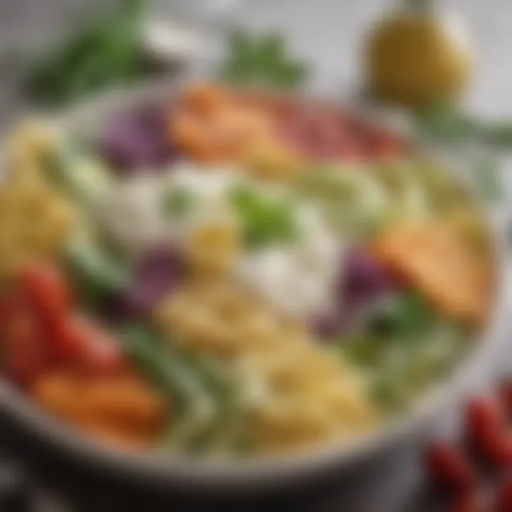 Close-up of vibrant vegetables and herbs harmoniously blending with Greek yogurt and pasta, highlighting fresh ingredients.