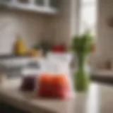 A collection of vibrant reusable silicone bags arranged on a kitchen countertop.