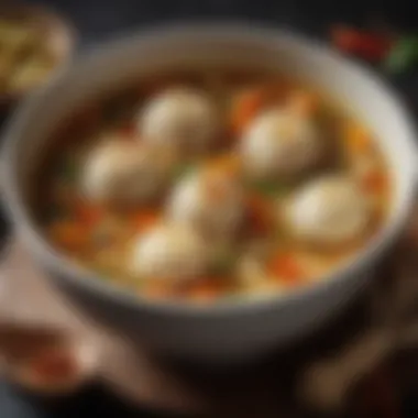 A close-up of a rich broth infused with spices and vegetables
