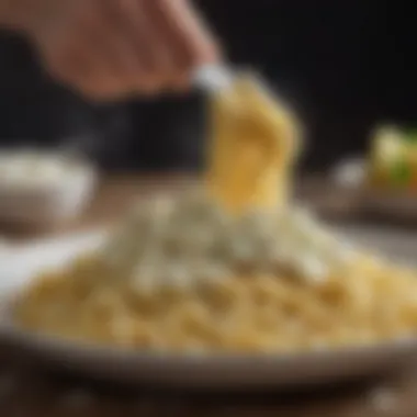 A close-up of ricotta cheese being added to a vibrant pasta dish.