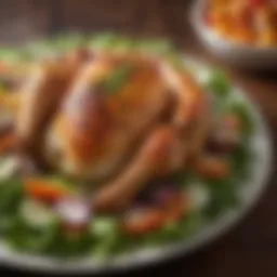 A vibrant rotisserie chicken salad topped with fresh vegetables and herbs.