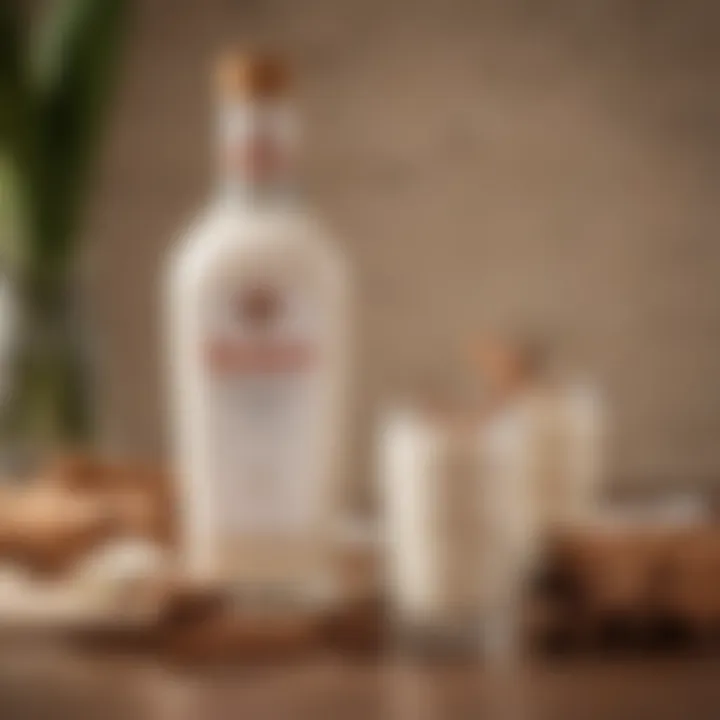 A close-up of a Rumchata bottle with its unique label, surrounded by cinnamon sticks and vanilla beans.