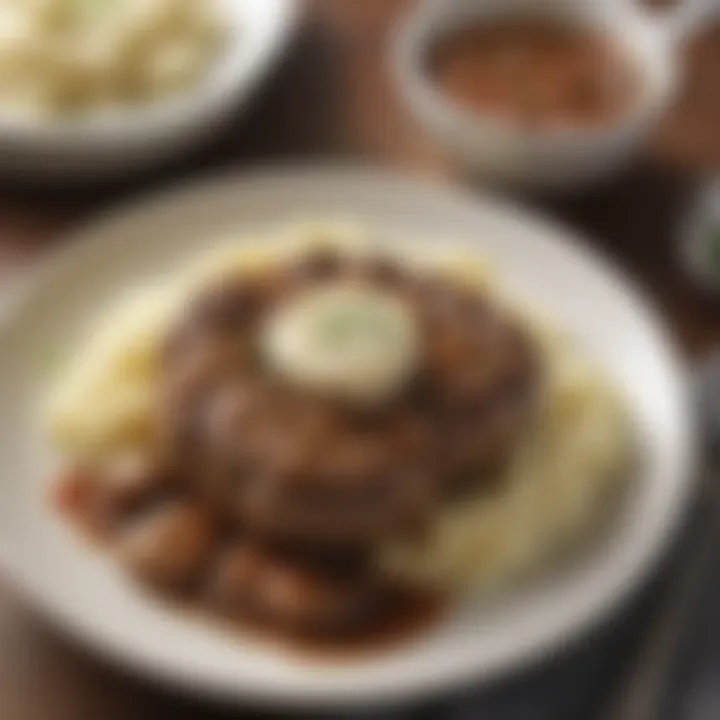 A plate of hearty Salisbury steak with mashed potatoes