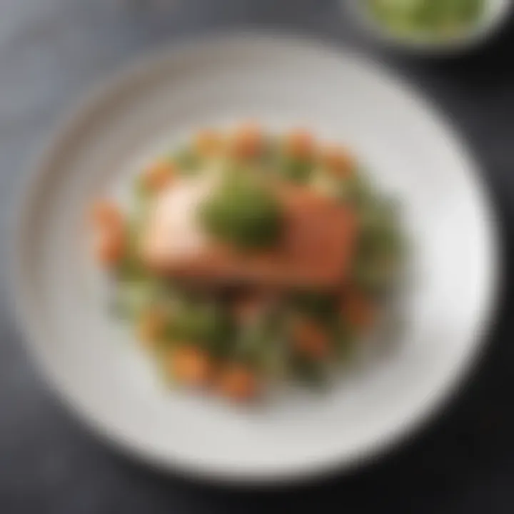 Elegant plate featuring salmon alongside a colorful salad of sprouts