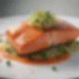 Close-up of vibrant salmon fillet garnished with fresh sprouts
