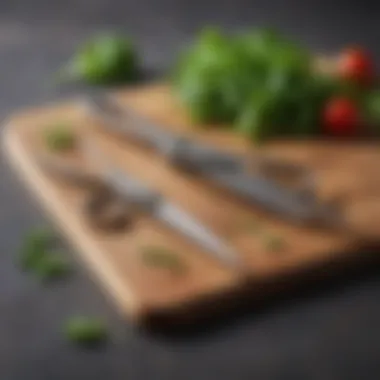 A pair of stainless steel scissors next to fresh herbs on a countertop.