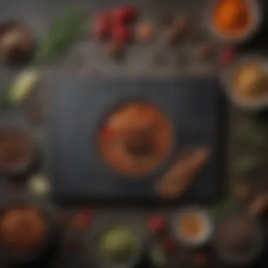 An elegant arrangement of spices and seasonings alongside a recipe book.