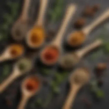Close-up of herbs and spices with a wooden spoon highlighting their aromatic qualities.