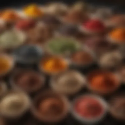 A vibrant array of spices in decorative bowls showcasing their colors and textures.
