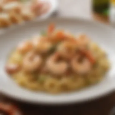 A beautifully plated shrimp scampi dish with an elegant presentation and colorful accents