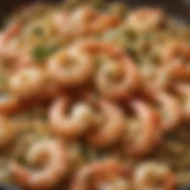 A close-up of succulent shrimp sautéed in garlic and butter, showcasing rich textures