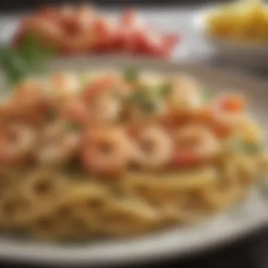 An array of ingredients for shrimp scampi pasta including fresh herbs and spices