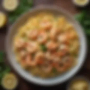 A vibrant plate of shrimp scampi pasta garnished with fresh parsley and lemon zest