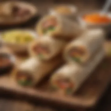 A selection of wraps with various fillings on a wooden table