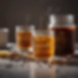 A close-up of a glass jar filled with golden simple syrup next to a steaming cup of coffee.