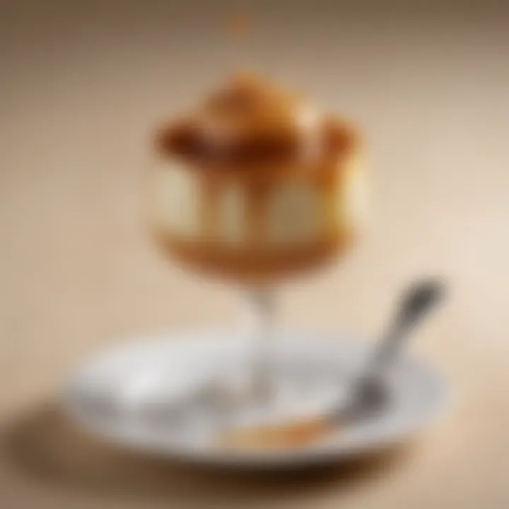 A creamy caramel pudding elegantly plated with a drizzle of caramel sauce