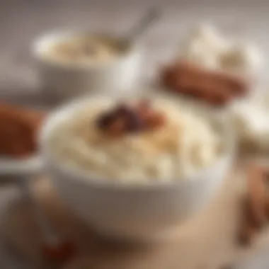A traditional bowl of rice pudding adorned with cinnamon and raisins