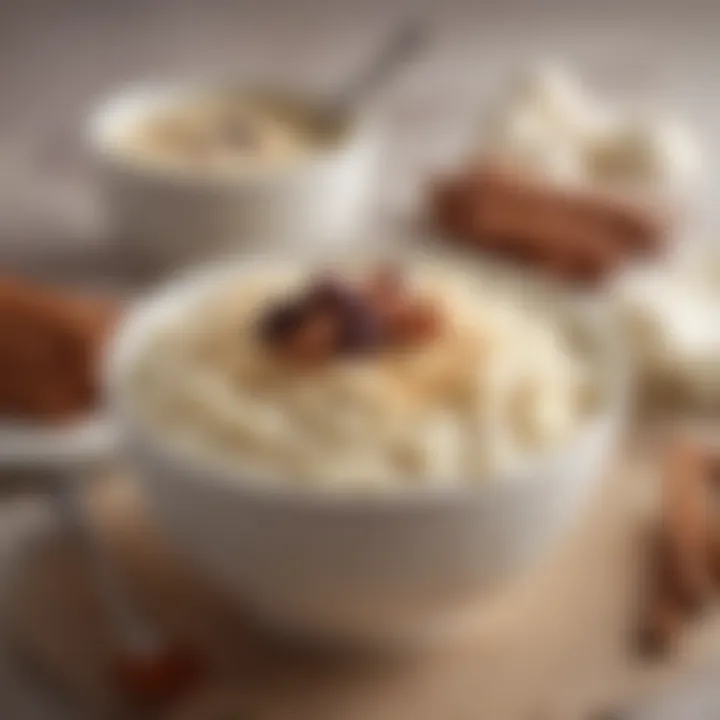 A traditional bowl of rice pudding adorned with cinnamon and raisins