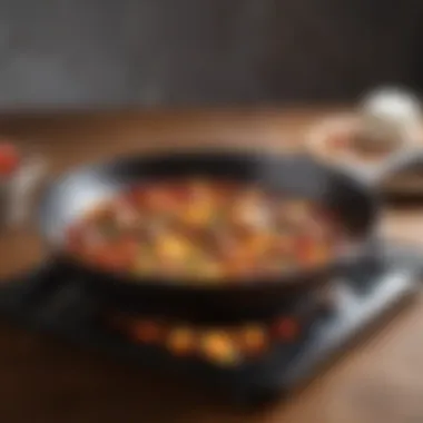 A skillet demonstrating even heat distribution with sizzling ingredients