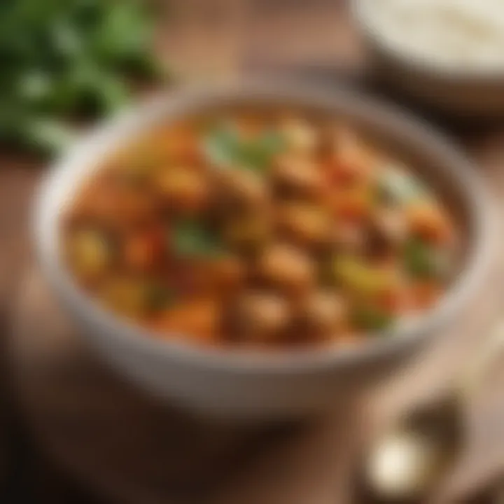 Close-up of a bowl filled with spicy mixed vegetable curry, emphasizing the rich textures.