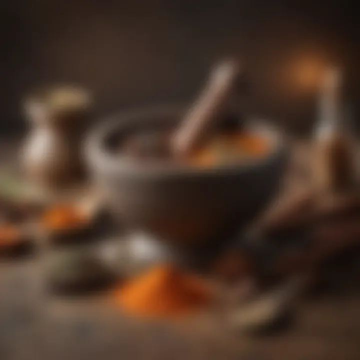 A vibrant display of spices with a mortar and pestle