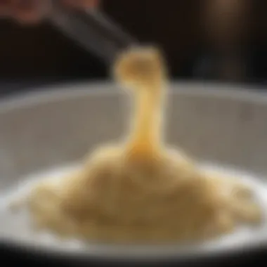 A vibrant scene of cacio e pepe being plated elegantly