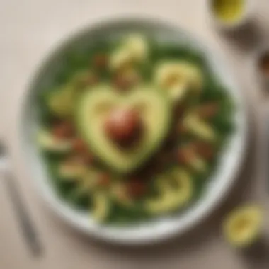 A plate filled with heart-healthy foods such as avocados, nuts, and green leafy vegetables.