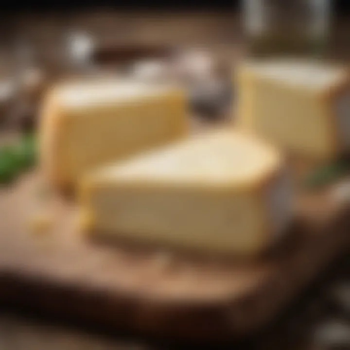 A close-up view of creamy Fontina cheese on a rustic wooden board.