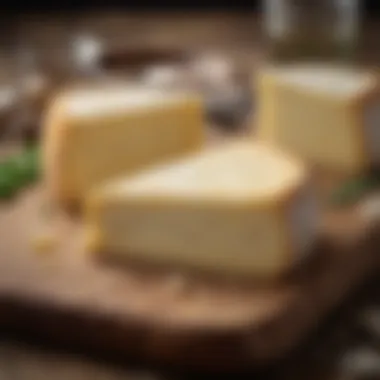 Creamy Texture of Fontina Cheese A close-up view of creamy Fontina cheese on a rustic wooden board.