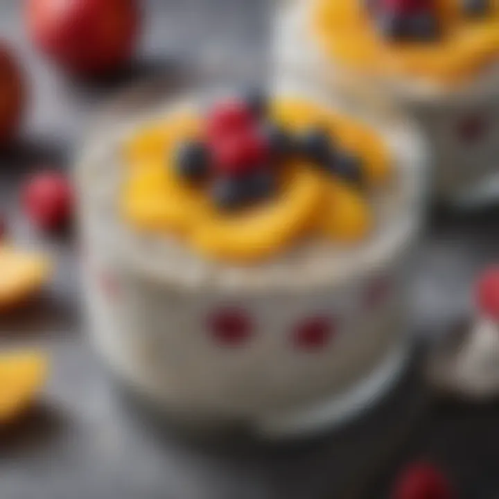 A close-up of a chia seed pudding adorned with sliced fruits