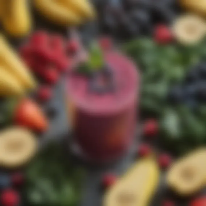 A colorful assortment of smoothie ingredients including kale, berries, and banana