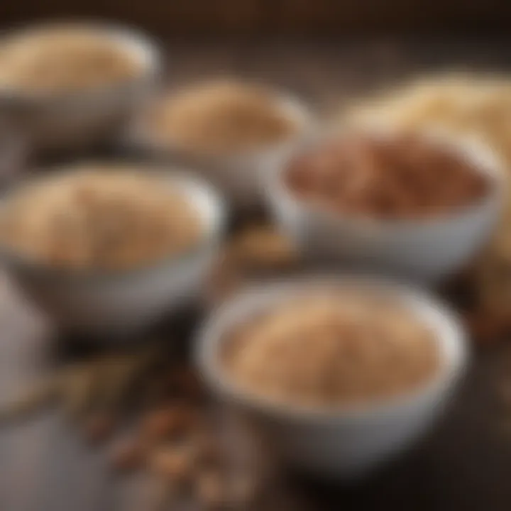 An array of whole grains including quinoa, oats, and nuts displayed in bowls