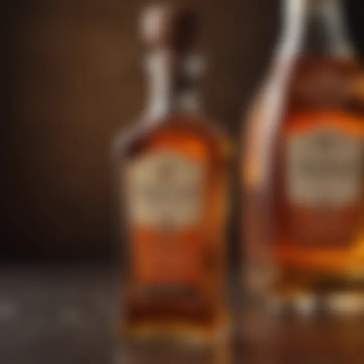 A close-up of the rich amber color of sweet anejo tequila in a bottle.