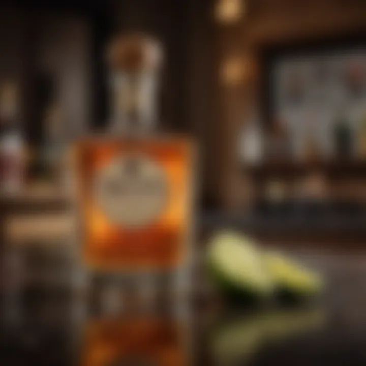 An elegant setting showcasing a bottle of sweet anejo tequila with decorative elements.