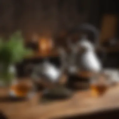 Variety of tea leaves and a kettle on a wooden table