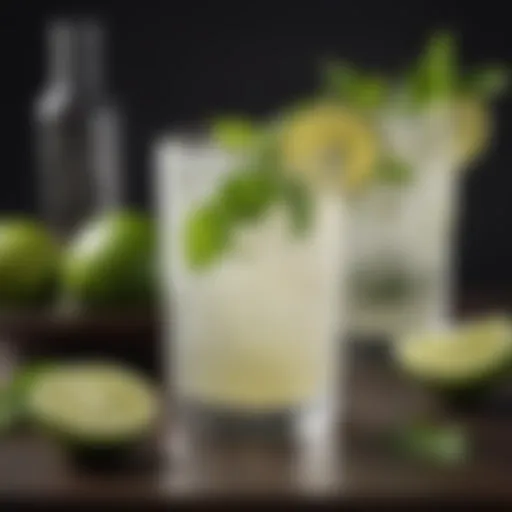 A vibrant glass of tequila limeade garnished with fresh limes and mint leaves