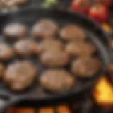 Close-up of sizzling food creating grill marks in a frying pan.