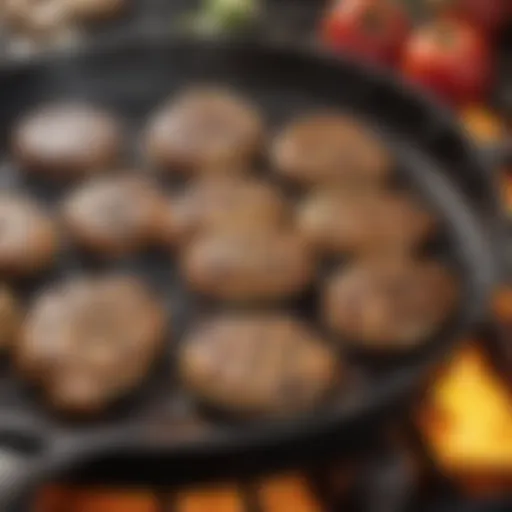 Close-up of sizzling food creating grill marks in a frying pan.