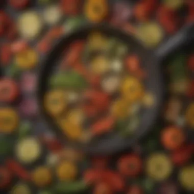 An array of vegetables with distinct grill patterns from a frying pan.