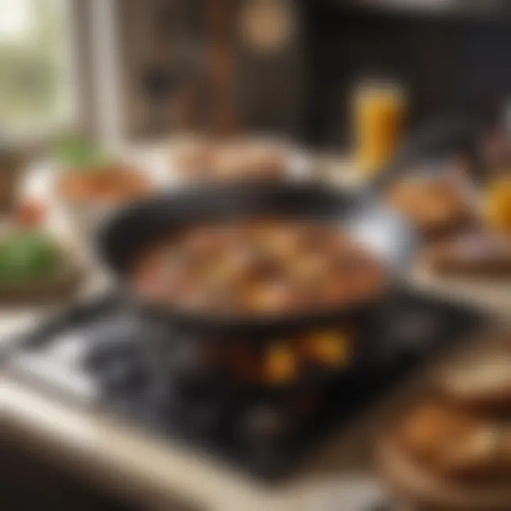 An organized kitchen scene highlighting a frying pan with grill marks.