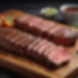 A variety of steak cuts displayed on a wooden board, showcasing marbling and texture.