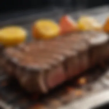 A sizzling steak on a grill, perfectly seared to lock in flavors.