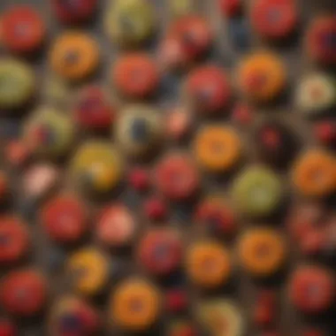 Colorful fruit tarts displayed on a rustic wooden surface.