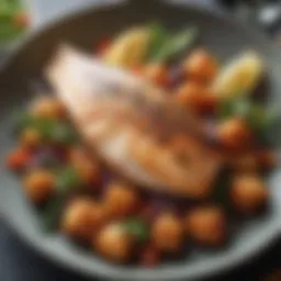 A beautifully plated pan-fried fish with vibrant garnishes
