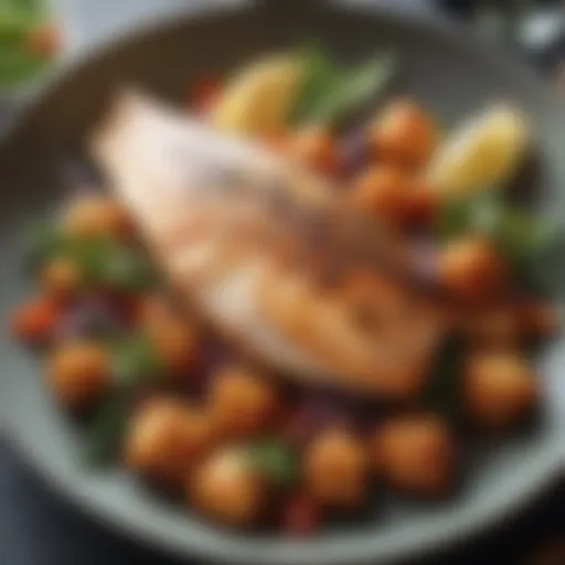 A beautifully plated pan-fried fish with vibrant garnishes
